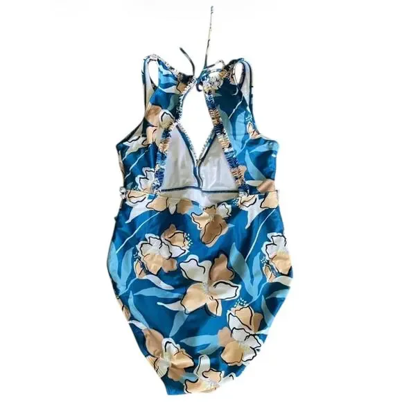 Graham Swim Women's Modest Blue V- Neck Floral One Piece Swimsuit- Size XL - Picture 2 of 6